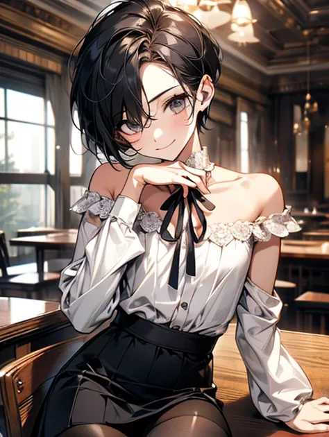 Best Quality, 1boy,Androgynous male,(Flat Chest:1.3),Black Hair,Short Bob Cut,(Off-the-shoulder blouse),Lace neck top,sleeve,Ribbon on the sleeve,Ribbon at neck,(キュロットskirt),skirt,Ribbon on waist,Vertical striped tights,Smiling Kindly,smile,Portraits, Insi...