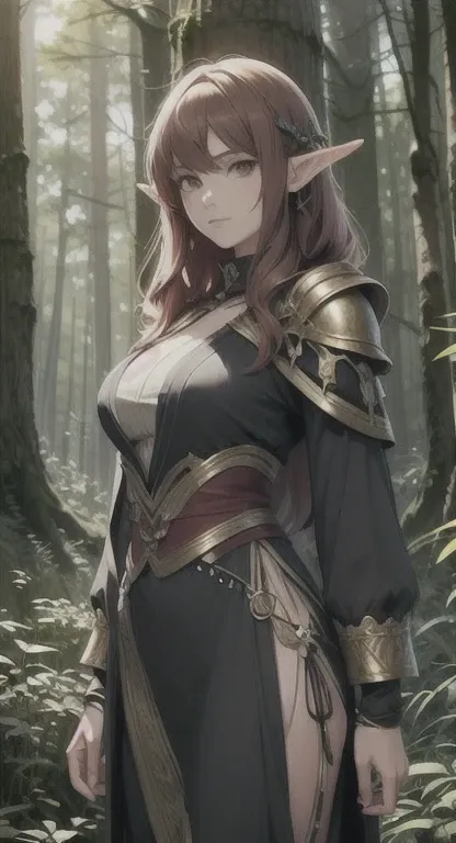 Young and sophisticated elf, long Auburn hair, red eyes, forest spirit, model, Willow maiden, forest armor,