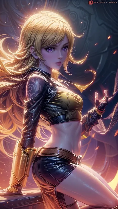 1girl, combining elements of Yang Xiao Long from "RWBY" and Lilith from "Borderlands", beautiful detailed eyes, beautiful detailed lips, extremely detailed face and portrait, long eyelashes, flowing golden hair, lilac/violet eyes, crop top, short shorts, w...