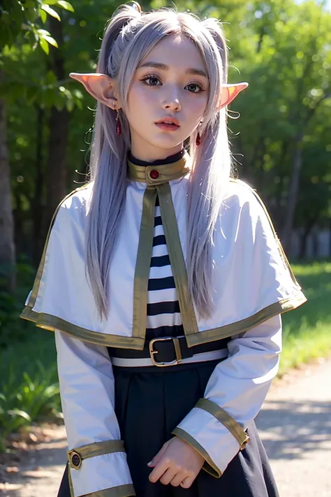 frieren, frieren, extremely detailed face, grin, long hair, twintails, (green eyes:1.5), grey hair, pointy ears, elf,
BREAK shirt, long sleeves, jewelry, pantyhose, earrings, striped, black pantyhose, capelet, striped shirt,
BREAK outdoors, sky, nature,
BR...