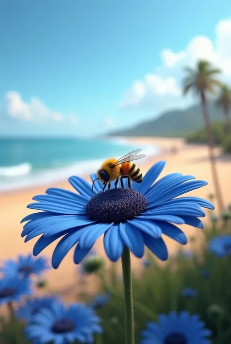 Realistic closeup Dark blue daisy with a bee on the flower, Infront of a beautiful realistic beach 