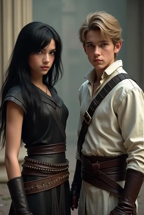 A boy and a girl are facing me. The girl is beautiful and has an attractive body, hourglass body, wears a black tunic with a black belt, she has scary eyes, black hair with beautiful bangs, she smiles looking forward, she is 17 years old, Italian. The boy ...