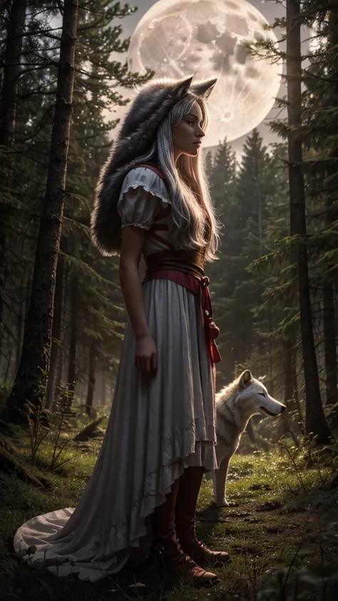 A young woman with a wolf-like transformation, inspired by Little Red Riding Hood, stands tall under the radiant glow of a full moon, its silvery light casting an ethereal ambiance over the scene. The cameras low angle perspective emphasizes her strength a...