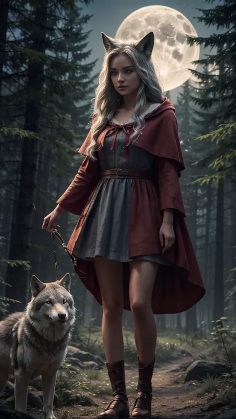 A young woman with a wolf-like transformation, inspired by Little Red Riding Hood, stands tall under the radiant glow of a full moon, its silvery light casting an ethereal ambiance over the scene. The cameras low angle perspective emphasizes her strength a...