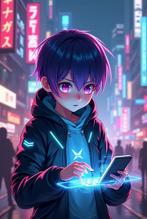 A boy named Tecno prismo playing Clash of clans in cyberpunk style anime 