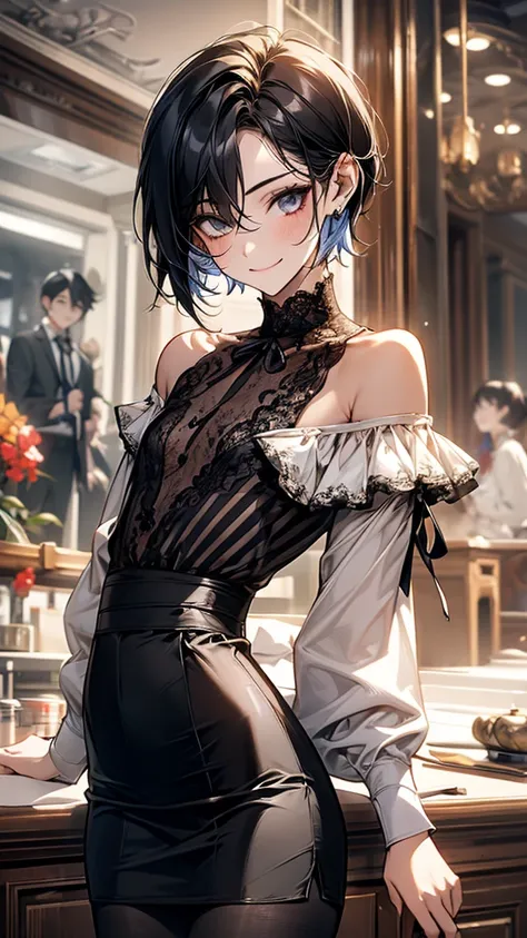 Best Quality, 1boy,Androgynous male,(Flat Chest:1.3),Black Hair,Short Bob Cut,(Off-the-shoulder blouse),Lace neck top,Long sleeve,Ribbon on sleeve,(キュロットskirt),skirt,Ribbon on waist,Vertical striped tights,Smiling Kindly,smile,Portraits, Inside a quiet caf...