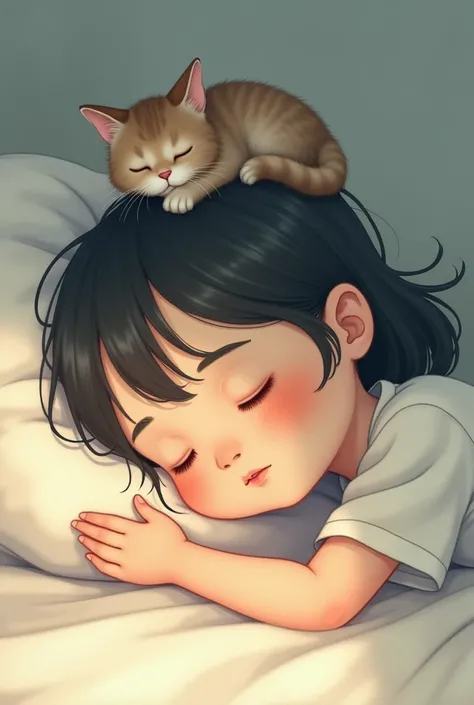 A medium close-up image of a asian teenage girl sleeping, with c cat lying on her heado The scene is in soft pastel tonesg giving it a gentle and calming atmosphere. The girls face is relaxed in peaceful sleepg while the cat is comfortably settlede adding ...