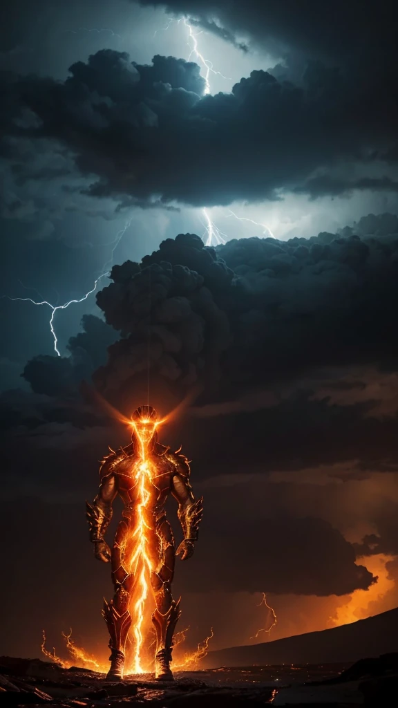 Prometheus, the titan, descends from the heavens with a blazing inferno in his hands, surrounded by a halo of flames that dance across the darkened sky, as lightning bolts crackle and illuminate the dark clouds gathering below, the wind whispers his name a...