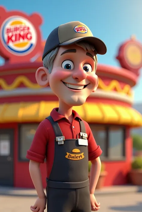 Male employee at Burger King, Disney 3d with badge, written by Claudio Marcio