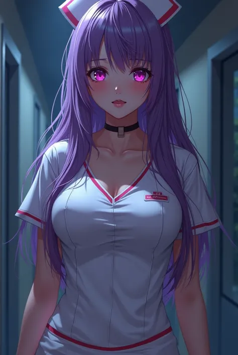 Ultra realistic anime character graphics , teenager  , linda, Long purple hair , pink eyes, big breasts , in nurse&#39;s uniform , scratched ,  in a naughty way ,in the room  , HEAD ON , with the night scene ,sexy look, Ultra realistic graphics