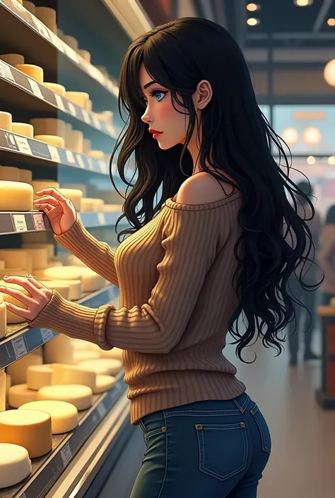 (Fanart) Woman with long black hair, big breasted and slender. blue eyes, Going in jeans and a mid-season sweater. Being in the supermarket, carrying a cart with food.Buying cheese