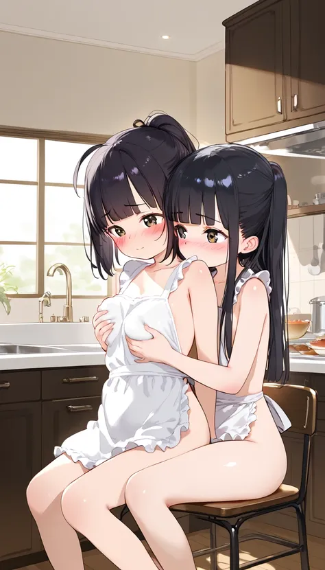 nsfw, nude, ((white apron clothes)), ((loli:1.5)), yuri, ((standing)), ((sitting a chair)), kitchen room, blunt bangs, glossy black hair, short hair, long hair, ponytail, black eyes, ahoge, ((blush:1.5)), small breasts, open and closed mouth, ((grabbing an...