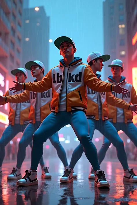 Five mixed-race Latino male adolescents, The one in the center is darker, and they are all matching a modern urban dance choreography with their arms outstretched and are dressed in jackets printed with the letters "LBKD", blue tights and caps, basketball ...