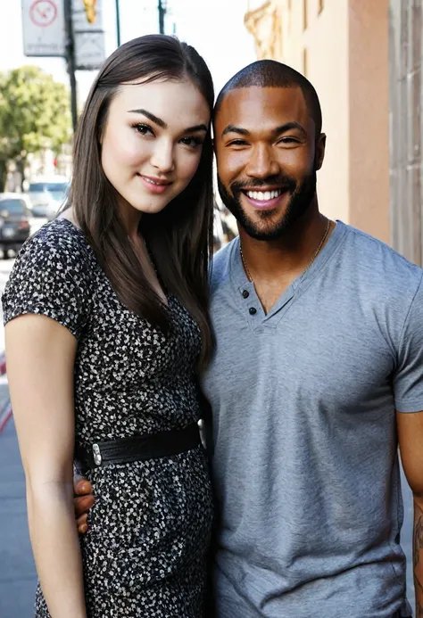 Caucasian actress Sasha Grey and a handsome African American male whose facial features are a combo of Charles Michael Davis + Broderick Hunter + Omari Hardwick pose together for a photo. Both are smiling. Both are attired attractively but casually for a d...