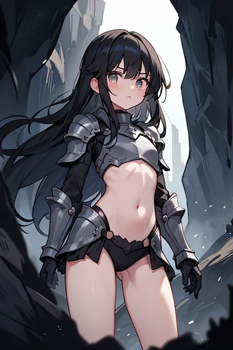 ((solo:1.2)),cute girl, stunningly beautiful , kid, , long black hair, standing, in a cave, rear view, slim body, small butt, flat butt, wearing knight armor that covers her thighs and chest, steel armor on her thighs, steel armor on her chest bare butt, i...