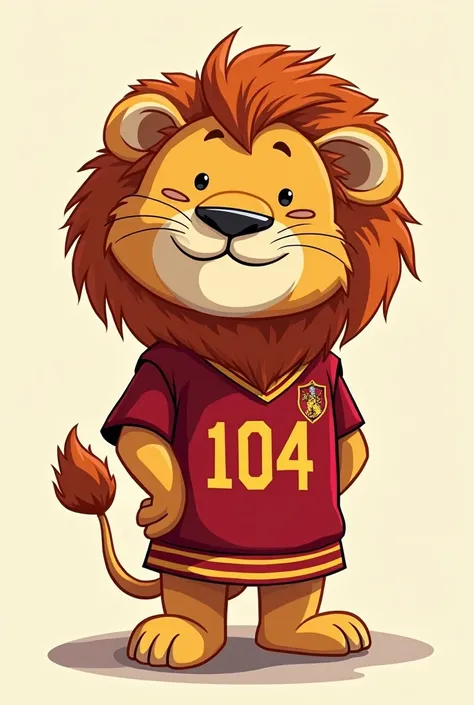 Cartoon drawing of a lion in a Gryffindor uniform with the numbers 104