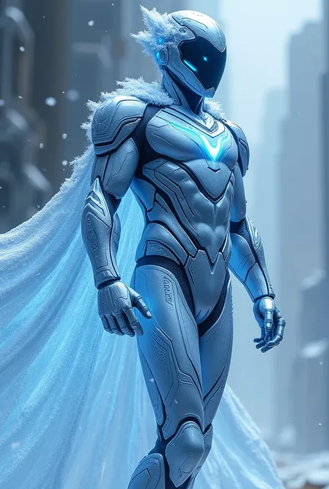 "VYUG is a next-gen superhero, operating within the immersive landscapes of a virtual reality metaverse. His ice-blue and silver suit is a hyper-realistic blend of digital armor and flowing data streams, enhanced with VR technology. His suits texture shift...