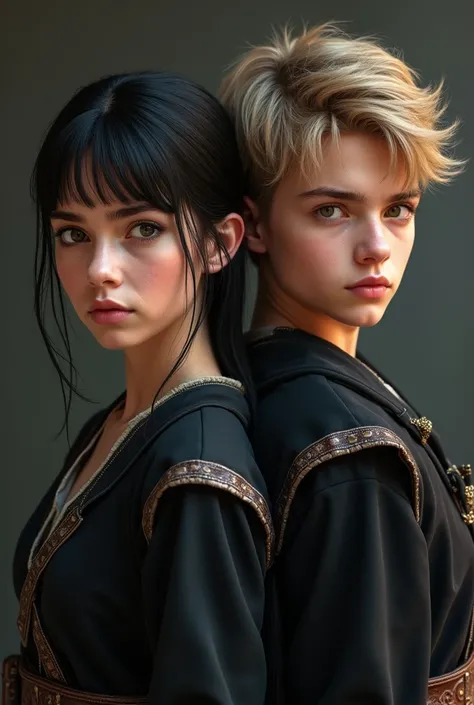 A boy and a girl are facing me. The girl is beautiful and has an attractive body, hourglass body, wears a black tunic with a black belt, she has scary eyes, black hair with beautiful bangs, she smiles looking forward, she is 17 years old, Shes Italian. The...