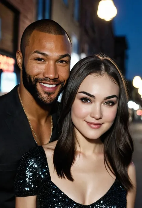 A full shot of Caucasian actress Sasha Grey and a handsome African American male whose facial features are a combo of Charles Michael Davis + Broderick Hunter + Omari Hardwick enjoying an evening stroll. Both are smiling. Both are dressed attractively for ...