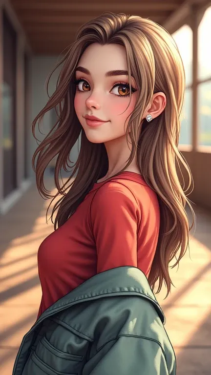 、光沢のあるBrown hair, long hair,((medium chest、amount、Middle part))、 美しいbrown eyes、He smiles、Shiny eyes, (fine grains)、very beautiful eyes、Highly detailed face, Detailed eyes, cowboy shot、

A very detailed、Best quality、CG game、One girl、Single、staring at the au...