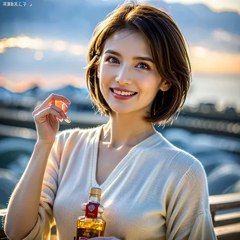 (Realistic, 超Realistic:1.4), 16K HDR, High resolution,((Whiskey Glass)),((Whiskey Bottle)),((Whiskey Glass)),Happy Smile、Short Hair,The best smile、Japanese Actress,so beautiful(It looks like the real thing),Evening Dresses,Cocktail Dresses、Whiskey Bottle、T...