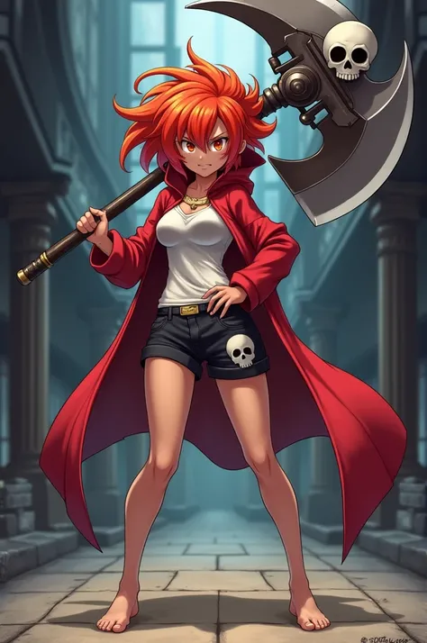 You can draw a character in an anime style that is a girl., making sure she goes barefoot. The character has tanned skin and fiery red hair., a fierce expression and wears a red hooded cloak. Her outfit includes a blouse and shorts with a skull motif.. Bes...