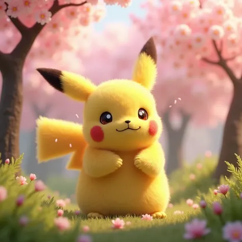 Pikachu enjoying cherry blossom viewing、The coat is fluffy