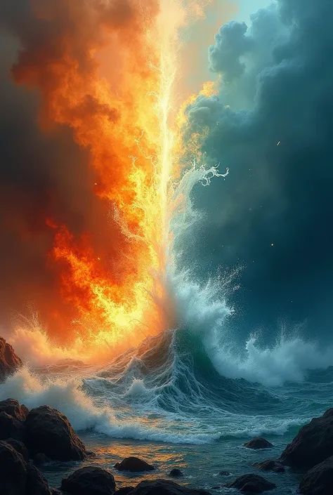 A background with half flame and half water