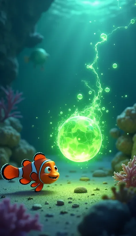 Nemo, a small orange clownfish, tentatively touching a glowing green gem with his fin. Sparks of energy surround him as the gem releases a powerful force. Nemo’s face shows shock and pain in a Pixar cartoon style, 4K resolution