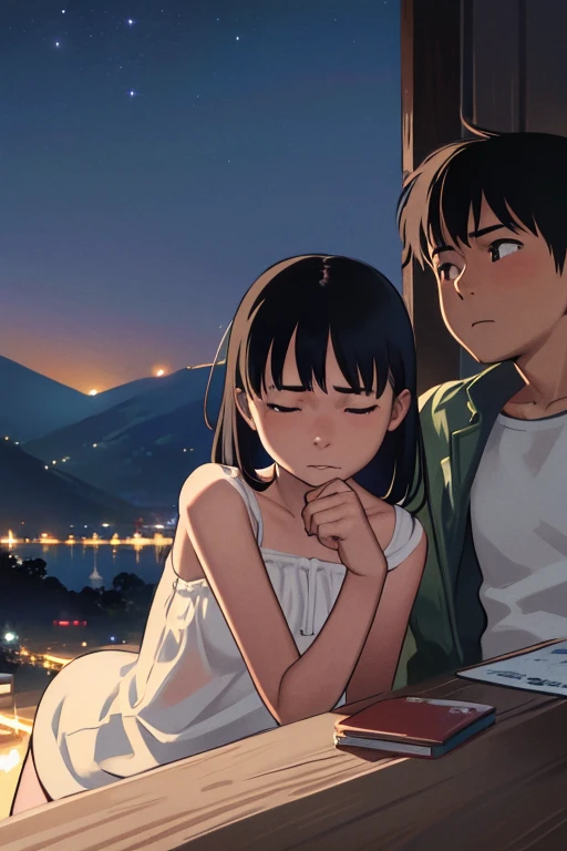 night sky, two children (a boy and a girl) sitting together on a hill, gazing up at the stars, the girl with short black hair, the boy looking sad, silent moment, stars twinkling above, soft glow of distant city lights, {emotional farewell}, tears held bac...