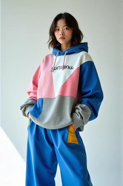 A model girl is wearing a hoodie and wide pants in a photo studio. And, of course, she is posing with movements typical of models. The hoodie is made from triangular and rectangular patches in white pink and bu

Blue and grey colors. Pants are blue. Pocket...