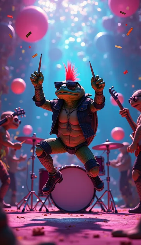 Water turtle, punk rock star, drums musician, energetic jumping pose, miniature drum set, bright stage lights, psychedelic neon colors, fishnet stocking, ripped denim, leather jacket, sunglasses, headbanging, excited crowd, beach balls, confetti, sea creat...