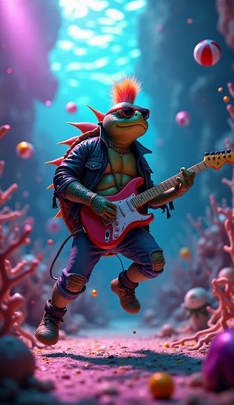 Water turtle, punk rock star, drums musician, energetic jumping pose, miniature drum set, bright stage lights, psychedelic neon colors, fishnet stocking, ripped denim, leather jacket, sunglasses, headbanging, excited crowd, beach balls, confetti, sea creat...