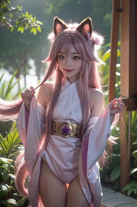 masterpiece, rich colors, best quality, detailed, high resolution, High quality, high detail, Skinny Sexy Goddess Yae Miko, Five-tailed celestial kitsune, purple eyes, ((long pink hair)), pink pubic hair, ((very small fox furry ears)), smile, seduction, br...