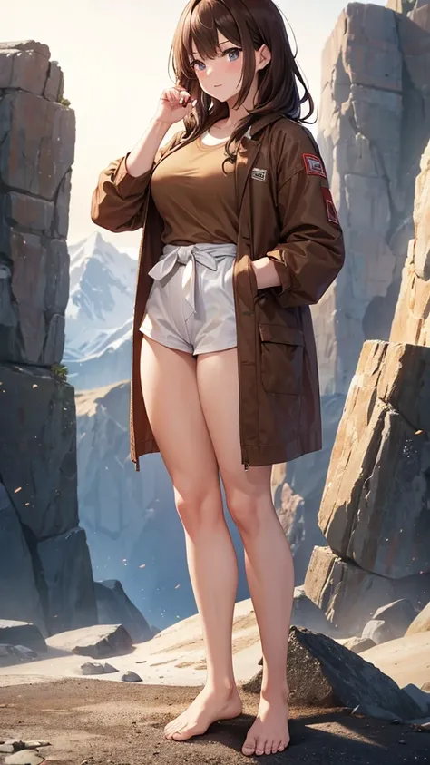 Brown shirt and brown shorts。Tall Woman。Muscular。Wearing a white judogi jacket。No pants on、barefoot。Female professional wrestler。The background is the peak of a rocky mountain。