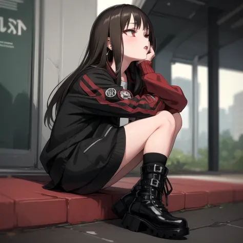 ((One girl,Alone)), punk, Shibuya Rin,Black Hair、Long Hair,Red Eyes、Eyeliner、Black Lips、 Earrings、Red and black coordination、trackJacket、one piece、Thighs、Big red boots、boyish、crossed legs、from side,cool、Looking away、masterpiece, Best Quality, Very detailed...