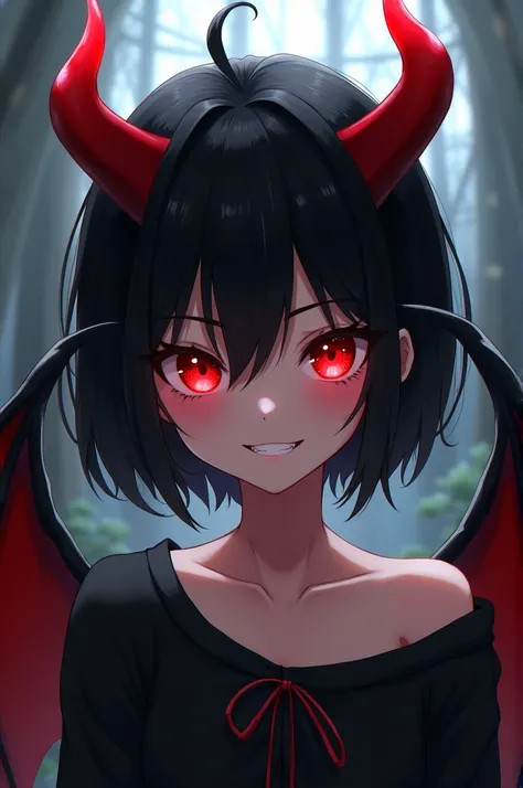 a girl, detailed face, beautiful eyes, red eyes,  black short hair, crazy smile, red horned, black winged, full body, anime style 