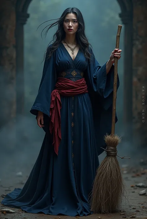 witch,,Navy blue clothes,Red ribbon,broom