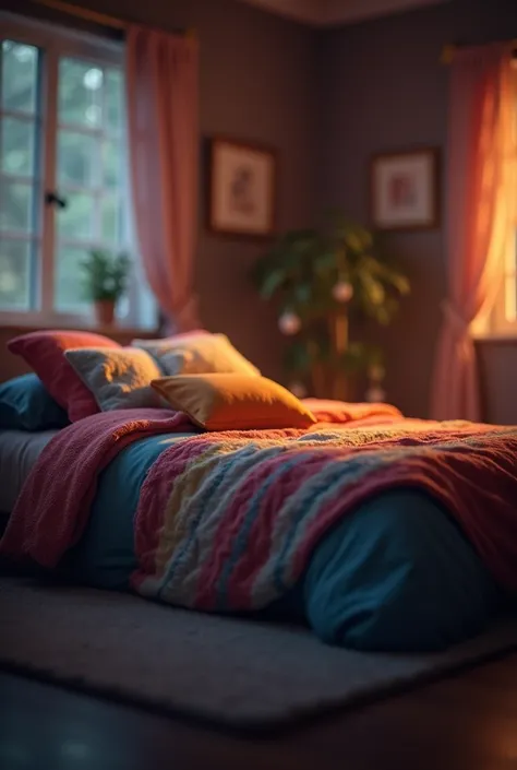 Setting the Scene:

Create a dimly lit room with soft, warm lighting. Include a cozy bed with colorful bedding to set a cheerful contrast against the dark background.