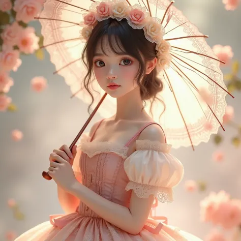 a beautiful young girl in a lolita style dress, intricate lace and ribbons, porcelain skin, big doe eyes, long eyelashes, delicate facial features, rosy cheeks, petite and delicate figure, holding a parasol, detailed fashion, elegant and whimsical, pastel ...