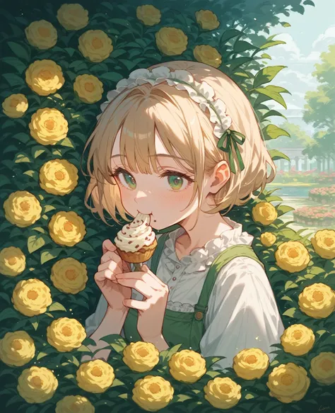 anime woman eating cupcakes, beautiful and tender, in a nice garden