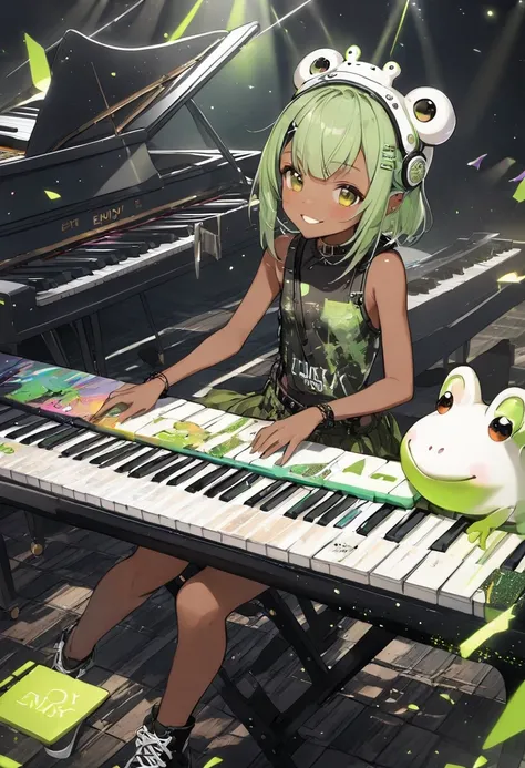 (masterpiece, best quality),(double exposure),(A girl is playing the keyboard-piano.), grunge rock band, enthusiastic performance,colorful stage lighting,On a futuristic concert stage.frantic, excited, BREAK (tween,cute,white frog-shaped headgear,tanned da...