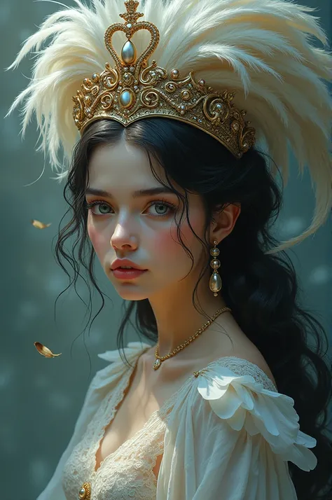 A girl with a crown and feathers down as hair 