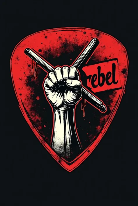 Band logo of a pick with a hand holding two drumsticks drawn inside and saying REBEL