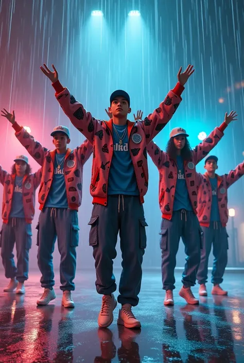 Five mixed-race Latino male adolescents, The one in the center has a darker skin color, and everyone is matching a rap dance choreography with their arms outstretched, one up and the other to the side, They are dressed in printed jackets, with the letters ...