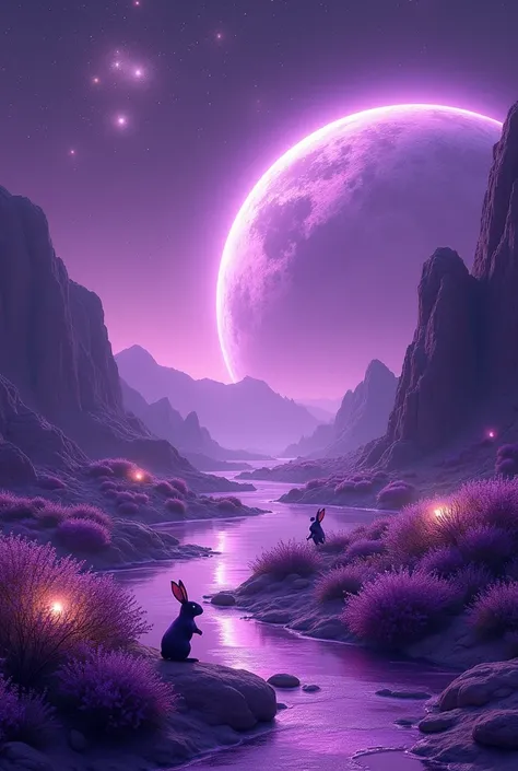  Create me a vast and intriguing universe, where different shades of purple predominate, creating a surreal and magical setting. The sky is an endless canvas of deep violet, blending softly with lilac and lavender in a spectacle of colors that seem to puls...