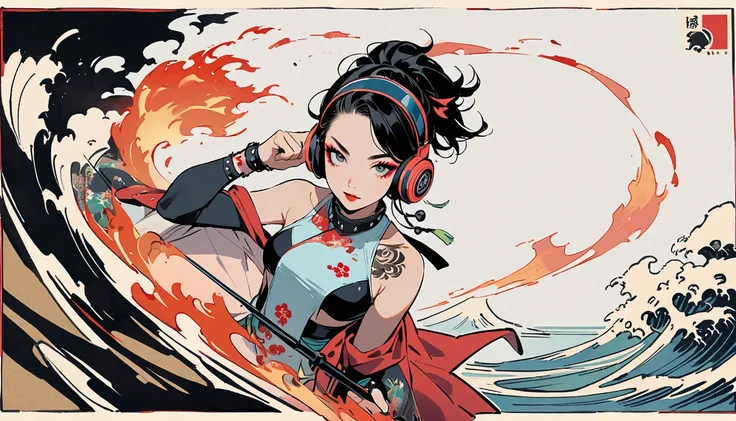 (((Ink Painting))), (((punk girl))), (((1 girl))), (((Flashy makeup))), (((Japanese style headphones))), (((Japanese patterned swimsuit))), (((TATOO))), (((Fire Wizard))), Japan人の美少女, Black Hair, Delicate and precise, Modern Ukiyo-e Style,Japan, Japanese f...