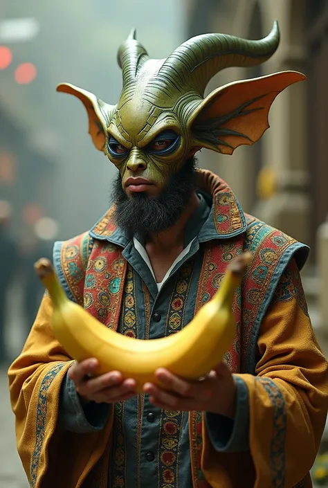 A man dressed as a munnian holds a banana.