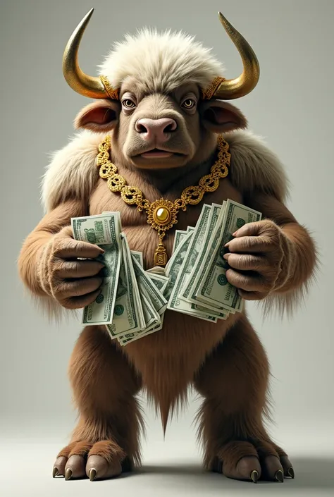 A white and brown semi-human buffalo with many 100 dollar bills in his hands with muscular gold jewelry 
