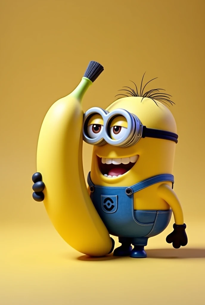 A person dressed as a minion holding a banana